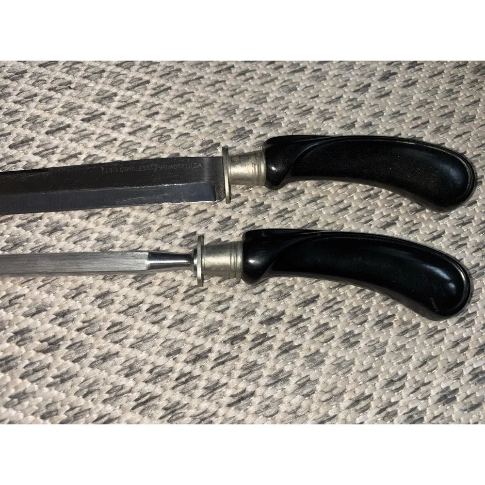 Vintage Ekco Flint Hollow Ground 2-Piece Carving Set Wood Box FUC Culinary Tools